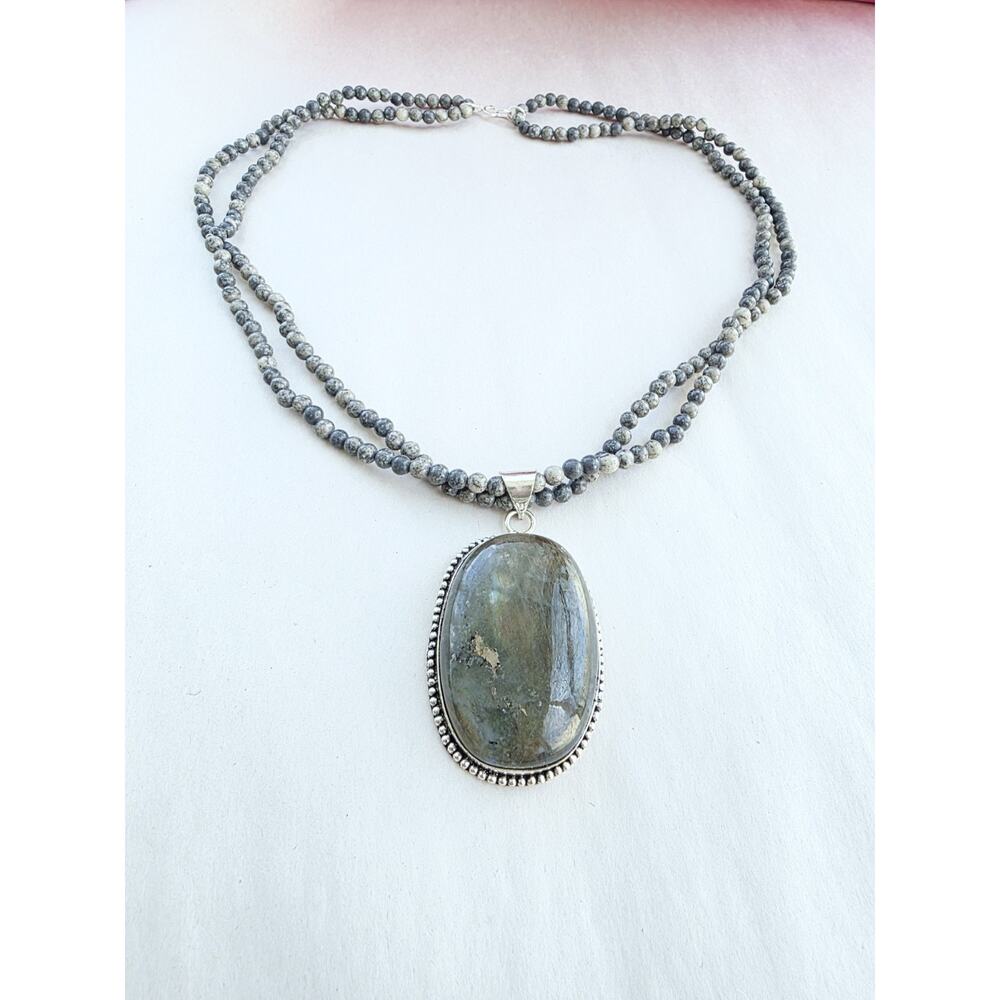 New! Artisan Labradorite Gray Jasper Necklace Sterling Silver 925 Stamped Beaded